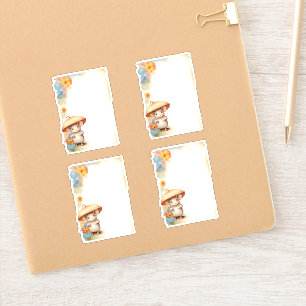 Sticker 1 Souris avec parapluie bleu fleurs orange rose