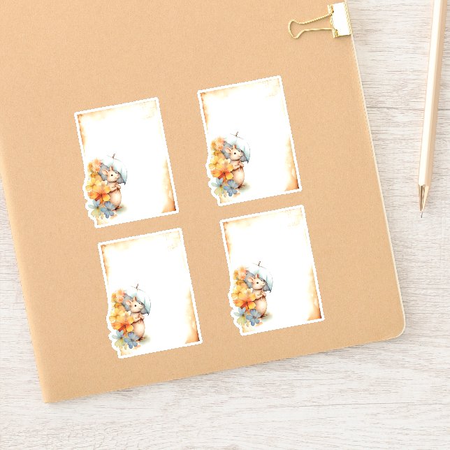 Sticker 1 Souris avec parapluie bleu orange fleurs roses (Carnet)