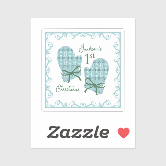 Sticker 1st Christmas Mittens Green Bow Holiday (Feuille)
