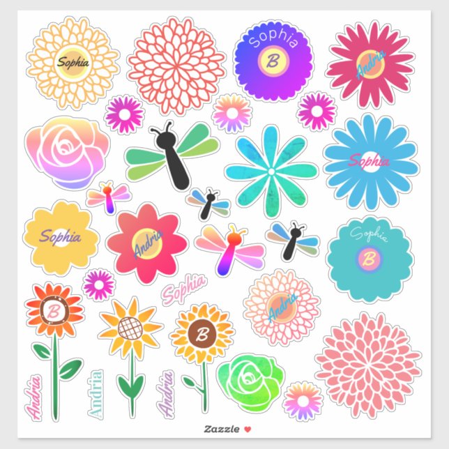 Sticker 30 Fleurs, libellules, do-it-yourself noms et init (Feuille)