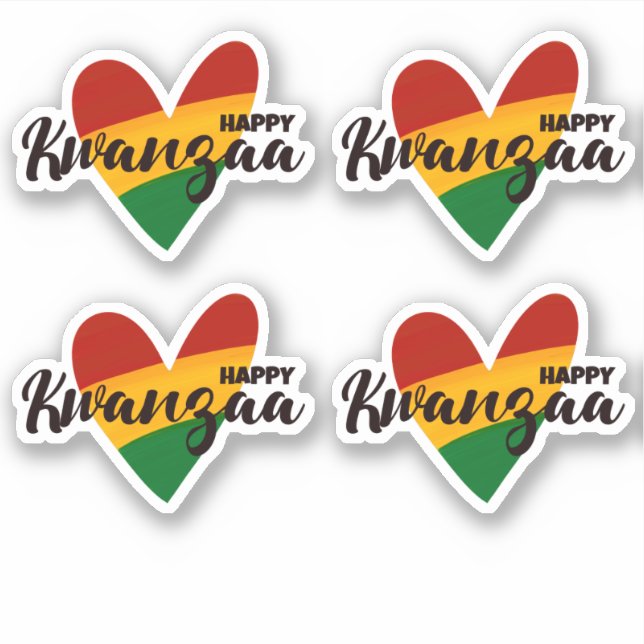 Sticker 4 x Joyeux Kwanzaa Rouge Jaune Vert Coeurs rayés (Devant)