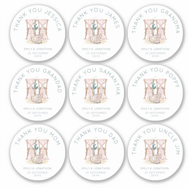 Sticker 9 petits noms individuels Mercis chaises Mariage (Devant)