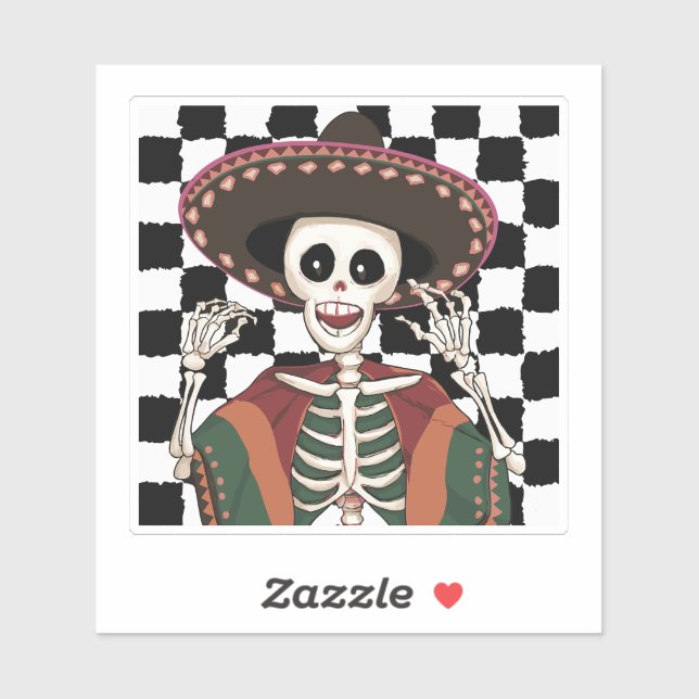 Sticker à damiers Cinco De Mayo Crâne Poncho Sombrero Idée (Feuille)