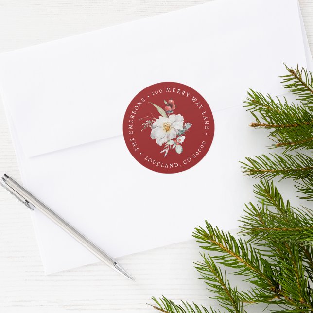 Sticker à enveloppe botanique de Noël (Red Holiday Return Address Envelope Seal Merry Christmas Watercolor Floral Botanical Berries)