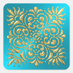 Sticker à look orné Turquoise et Or Embossé