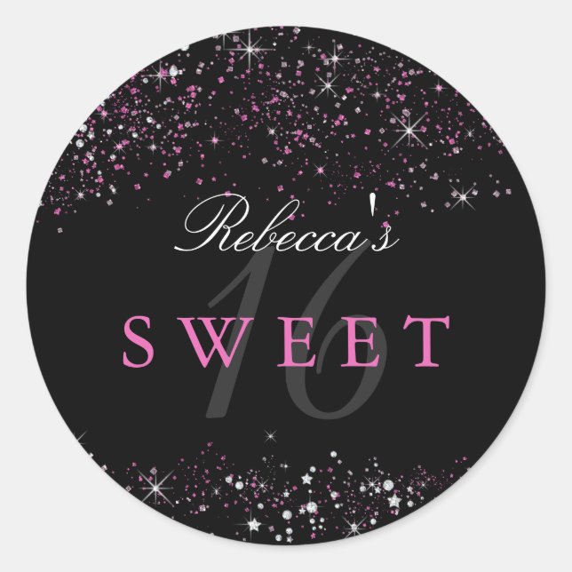 Sticker à Parties scintillant Sweet 16 rose noir (Devant)