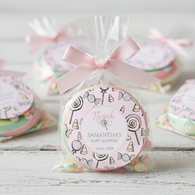 Sticker à thème Baby shower rose bonbon Merci (Pink Lollipop Candy Cute Girly Thank You Baby Girl Shower Stickers for Mother to Be. Candy Stickers )
