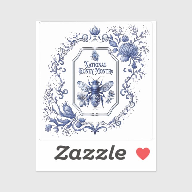 Sticker Abeille et fleurs de miel bleu Delft (Feuille)