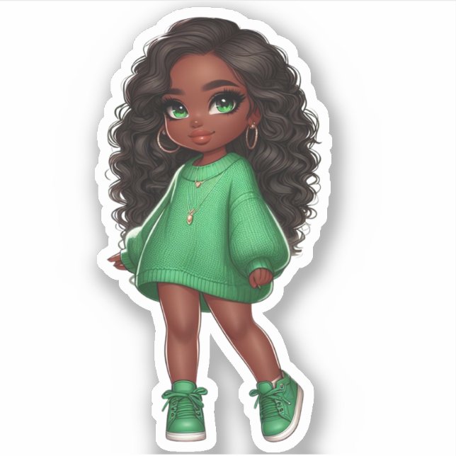 Sticker adorable chibi noir vert fille (Devant)
