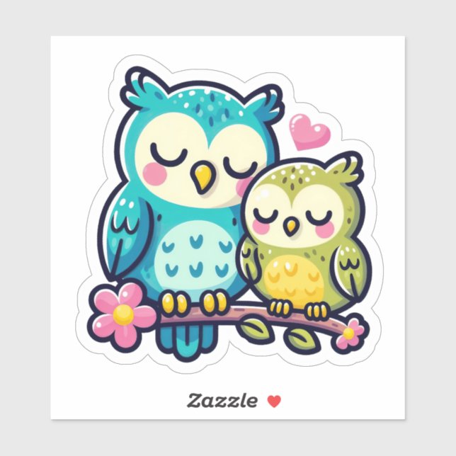 Sticker Adorable Couple de Chouette en Amour - Joli dessin (Feuille)