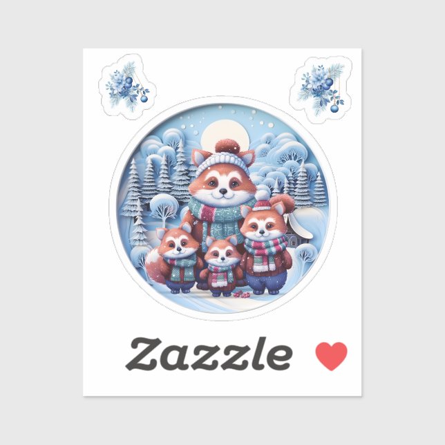 Sticker Adorable famille Panda rouge dans la neige (Feuille)