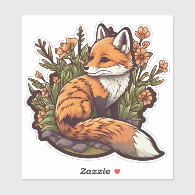 Sticker Adorable little fox and flowers (Feuille)