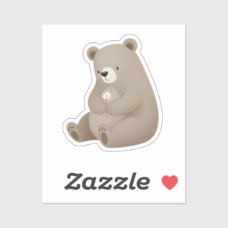 Sticker Adorable Ours Brun à la Marguerite – Illustration 