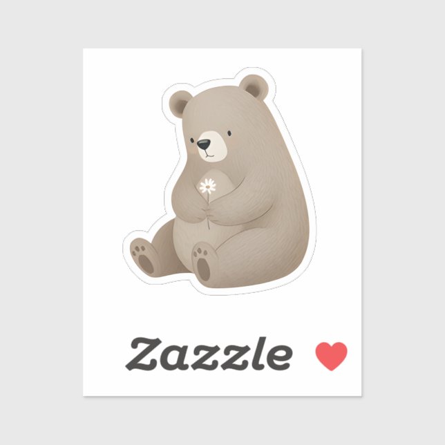 Sticker Adorable Ours Brun à la Marguerite – Illustration  (Feuille)