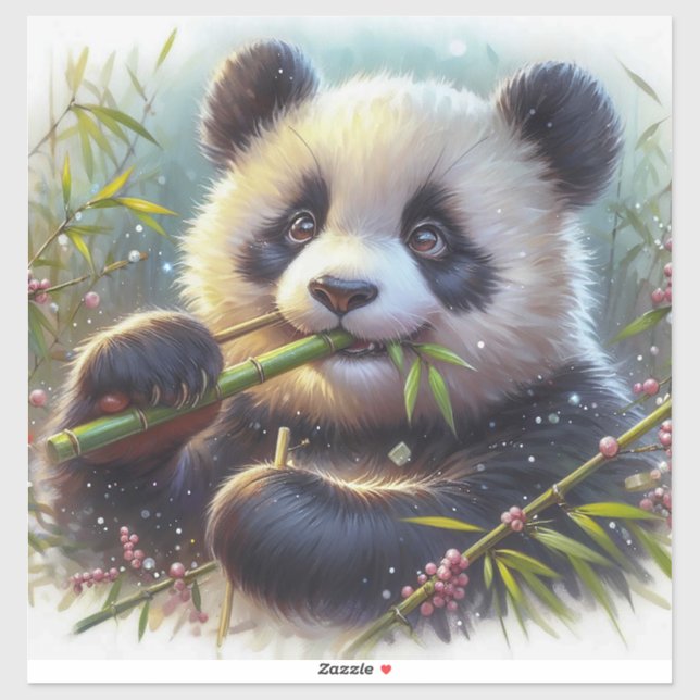 Sticker Adorable Ours De Panda Mangeant Bambou (Feuille)