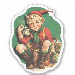 Sticker Adorable Vintage Christmas Elf Coffee Pause