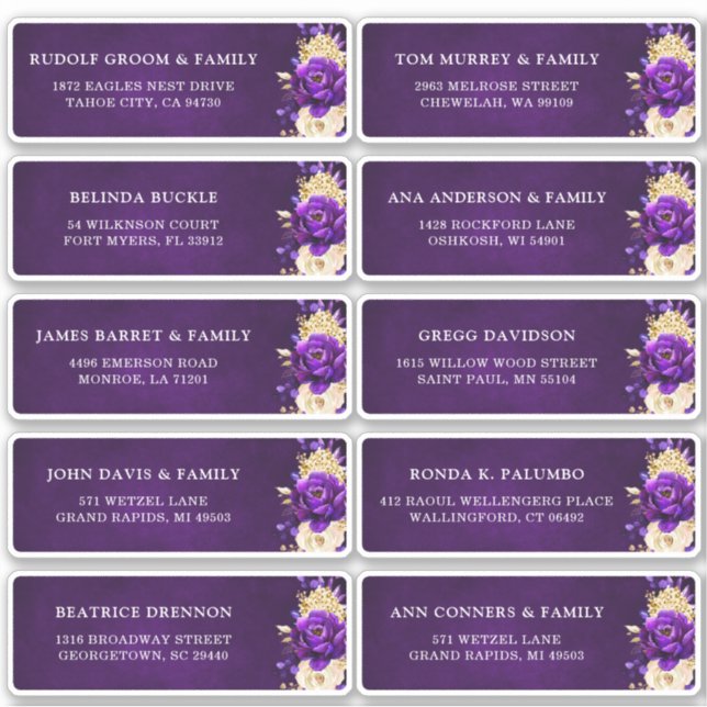Sticker Adresse de l'invité de mariage floral or pourpre r (Devant)