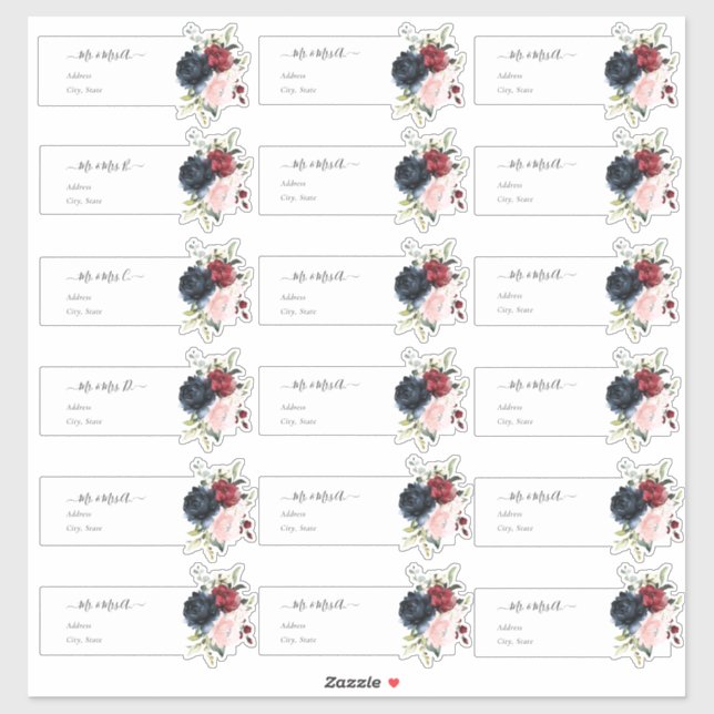Sticker Adresse d'invité transparente Blush Burgundy Navy (Feuille)
