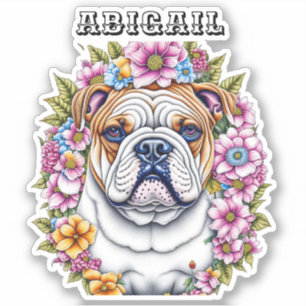 Sticker Ai Art Bulldog entouré de fleurs lunaires