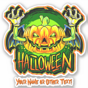 Sticker Ajouter Nom, Citrouille Tête Skeleton Mains Ailes 