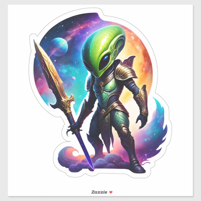 Sticker Alien Vert Avec Une Épée (Feuille)