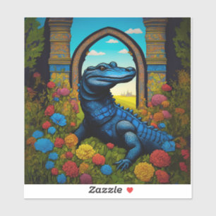 Sticker Alligator Bleu Avec Fleurs Art Fantastique