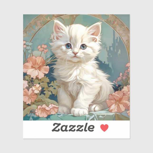 Sticker Alphonse Mucha Style Chat blanc (Feuille)