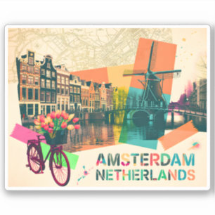 Sticker Amsterdam Pays-Bas Canal Art de voyage Pop Vintage