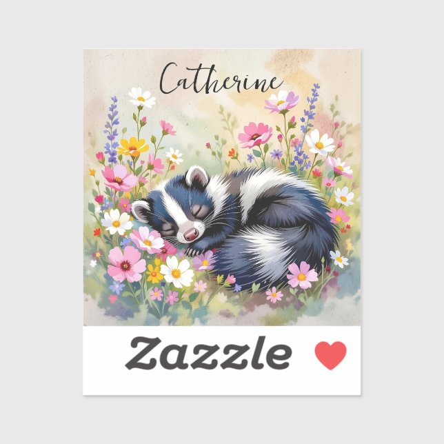Sticker An Adorable Skunk Napping in Flowers Personalized (Feuille)