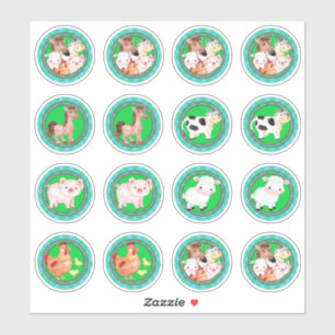 Sticker Animaux de ferme dressés en vichy bleu vert