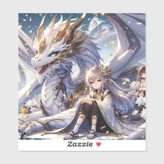 Sticker Anime Girl et Dragon blanc et or (Feuille)
