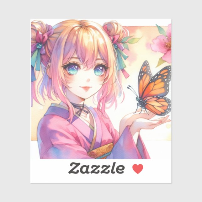 Sticker Anime Girl Holding a Butterfly Ai Art (Feuille)