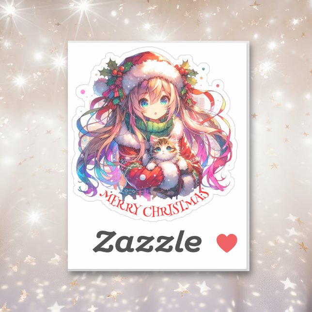 Sticker Anime Girl in Santa Hat Aquarelle Noël (Créateur téléchargé)