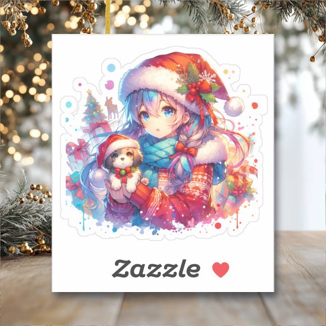 Sticker Anime Girl in Santa Hat Aquarelle Noël (Créateur téléchargé)