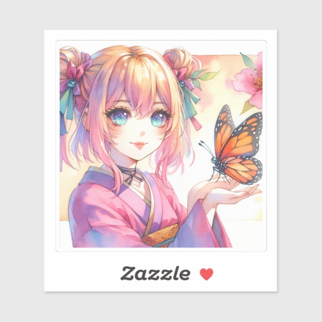 Sticker Anime Girl tenant un papillon (Feuille)