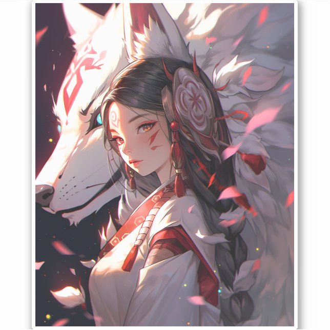 Sticker Anime Kitsune Girl Cute Fox Imaginaire Art (Devant)