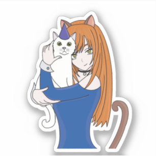 Sticker Anime manga fille et chat