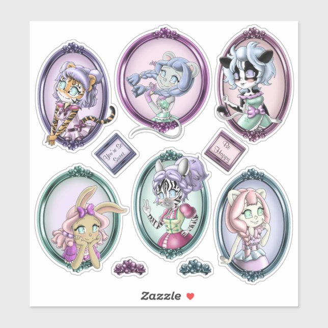 Sticker Anime mignonne animal fille Kawaii (Feuille)
