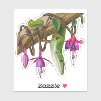 Sticker Anolis vert avec fuchsias 