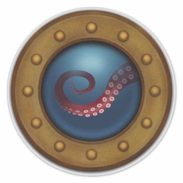 Sticker Antique vaisseau Porthole Vue sur Octopus Steampun (Devant)