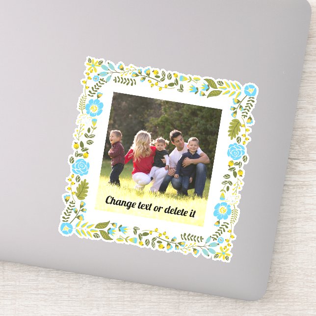 Sticker Aqua, cadre fleuri jaune et vert avec photo (Détail)
