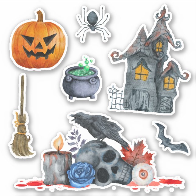 Sticker Aquarelle à thème Halloween éffrayante dessinée à  (Devant)