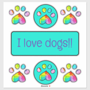 Sticker Aquarelle arc-en-ciel Empreintes de pattes "I Love