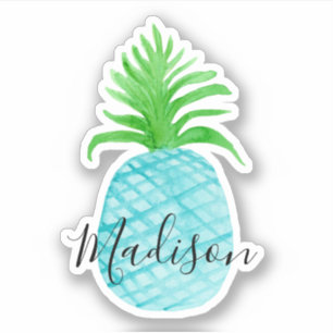 Sticker Aquarelle bleue turquoise Nom de l'ananas