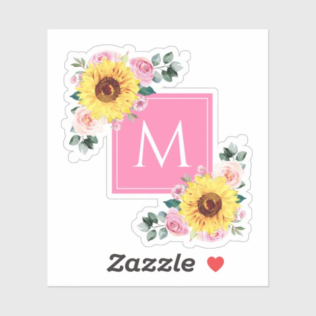 Sticker Aquarelle botanique rose tournesol Monogramme (Feuille)