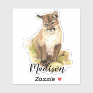 Sticker Aquarelle Cougar, Puma Cub Animal Nom Personnalisé