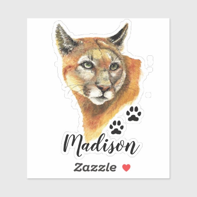 Sticker Aquarelle Cougar, Puma Nom personnalisé de l'anima (Feuille)