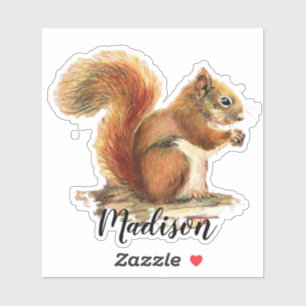 Sticker Aquarelle Coupe d'écureuil rouge Nom personnalisé 