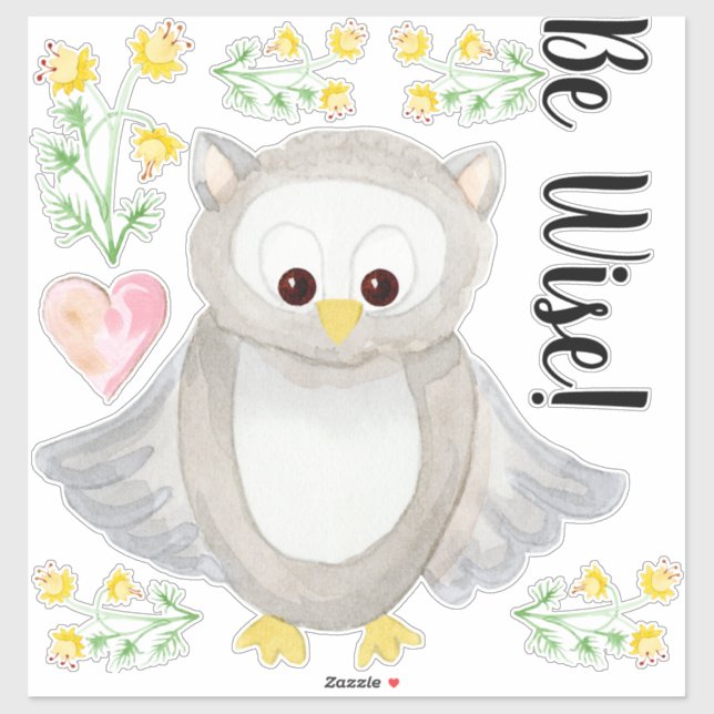 Sticker Aquarelle de la Chouette des bois Soyez sage (Feuille)