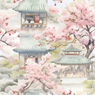 Sticker Aquarelle de la pagode asiatique au milieu des fle